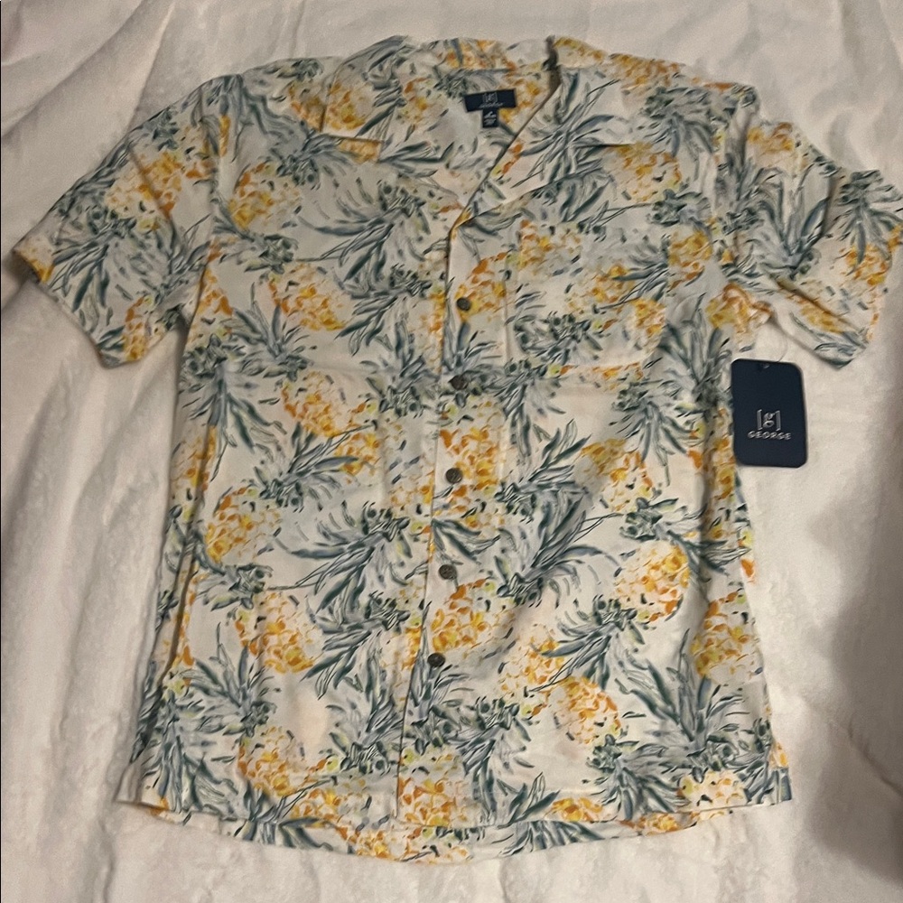 George Men's Tropical Floral Button Down Shirt - Yellow and Green - Picture 5 of 7